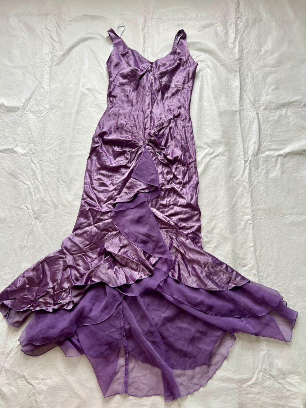 y2k prom dress size 9 light purple satin ruffle high low mermaid sleeveless
